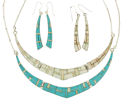 SM-SET136-WOPTQO Reversible Turquoise and Opal Inlay Necklace and Earring Set. Copyright Milne Jewelry