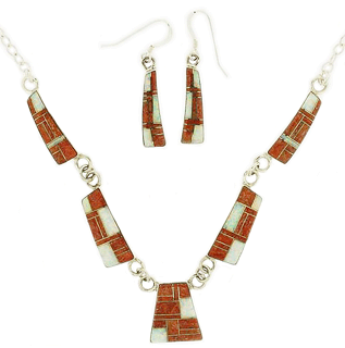 SM-SET144-ARCO Apple Red Coral and Opal Inlay Necklace and Earring Set. Copyright Milne Jewelry