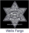 Wells Fargo Agent Wild West Law Enforcement Badges. These replica badges are cast from a tin and zinc alloy, using molds made from the original, authentic badge, and has a pin soldered on the back. Special care and attention has been given to retaining every minute detail of the original badge. Copyright Milne Jewelry Company.