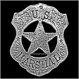 U.S. Marshall Wild West Law Enforcement Badges. These replica badges are cast from a tin and zinc alloy, using molds made from the original, authentic badge, and has a pin soldered on the back. Special care and attention has been given to retaining every minute detail of the original badge. Copyright Milne Jewelry Company.