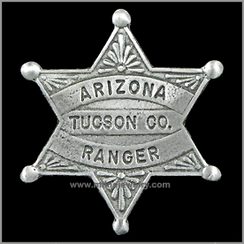 Arizona Ranger Wild West Law Enforcement Badges. These replica badges are cast from a tin and zinc alloy, using molds made from the original, authentic badge, and has a pin soldered on the back. Special care and attention has been given to retaining every minute detail of the original badge. Copyright Milne Jewelry Company.