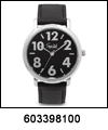SP-603398100 Men's Large Numeral Leather Strap Black Dial Watch. Copyright Speidel & Milne Jewelry.