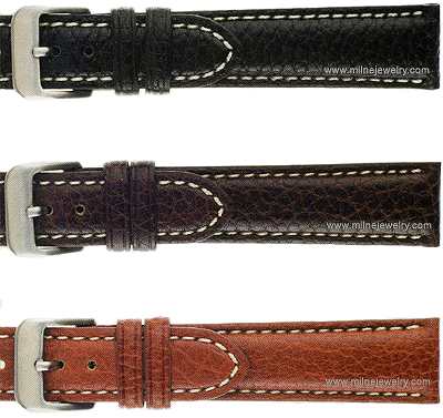 WBHQ Watchbands Buffalo Chrono Leather Strap Replacement Watchband. Designed for Sport Chronograph watches. Genuine leather; padded; top stitching; nubuck lining; reinforced loop; anti-allergic buckle; sealed edge construction; stainless steel buckle. Copyright Milne Jewelry.