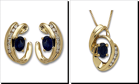 Oval Sapphire and Channel Diamond Swirl Earrings & Pendant Set in 14 Karat Gold.
