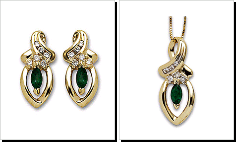 Marquise Emerald and Diamond Earrings Set in 14 Karat Gold.