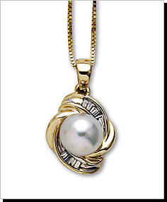 Pearl and Baguette Diamond Swirl Pendant Framed in a Swirl of 14 Karat Gold.