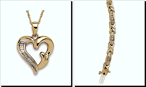 Baguette Diamond Tennis Bracelet and 14 Karat Gold Heart Pendant.