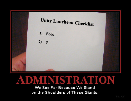 Picture of a unity luncheon checklist, with “food” checked but a question mark by the other thing there is supposed to be at such luncheons.